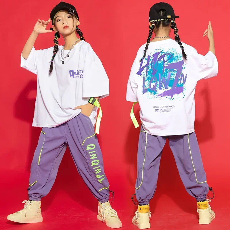 子供のためのヒップホップダンスコスチューム,白いグラフィックTシャツ,特大のTシャツ,カジュアルなストリートウェア,ジョギングパンツ,女の子と男の子のための服