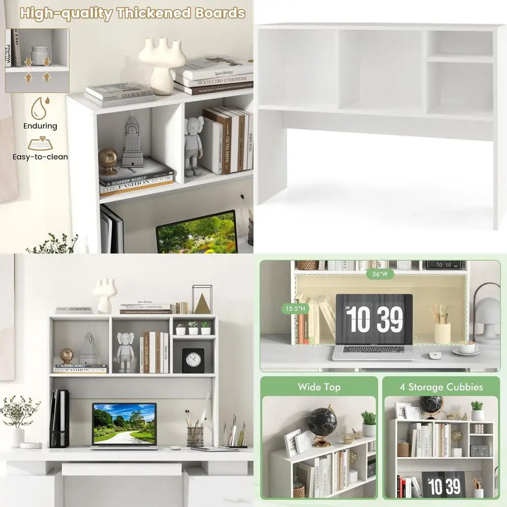 

4-Tier Wooden Desk Shelf Organizer with Anti-Toppling, White, Ideal for Study and Office