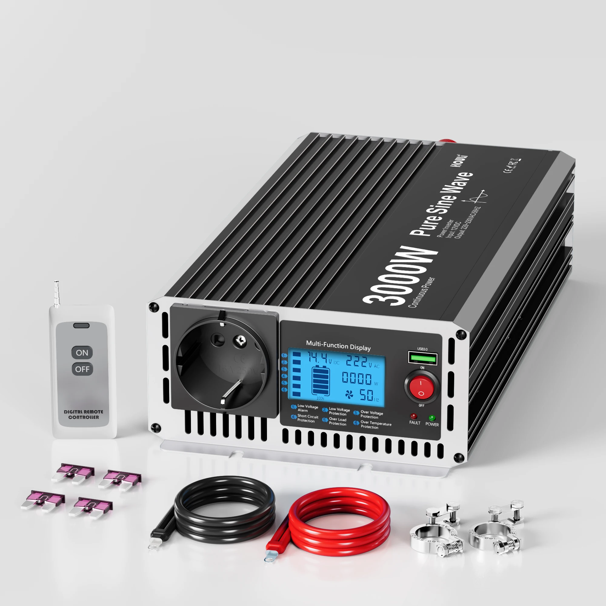 HOULI Reiner Sinus-Wechselrichter, 12 V/24 V auf 220 V, 1500 W, kontinuierlich, 3000 W, Spitzen-LCD-Display, Fernbedienung für Auto/Wohnmobil/Solar, EU-Lager, schneller Versand