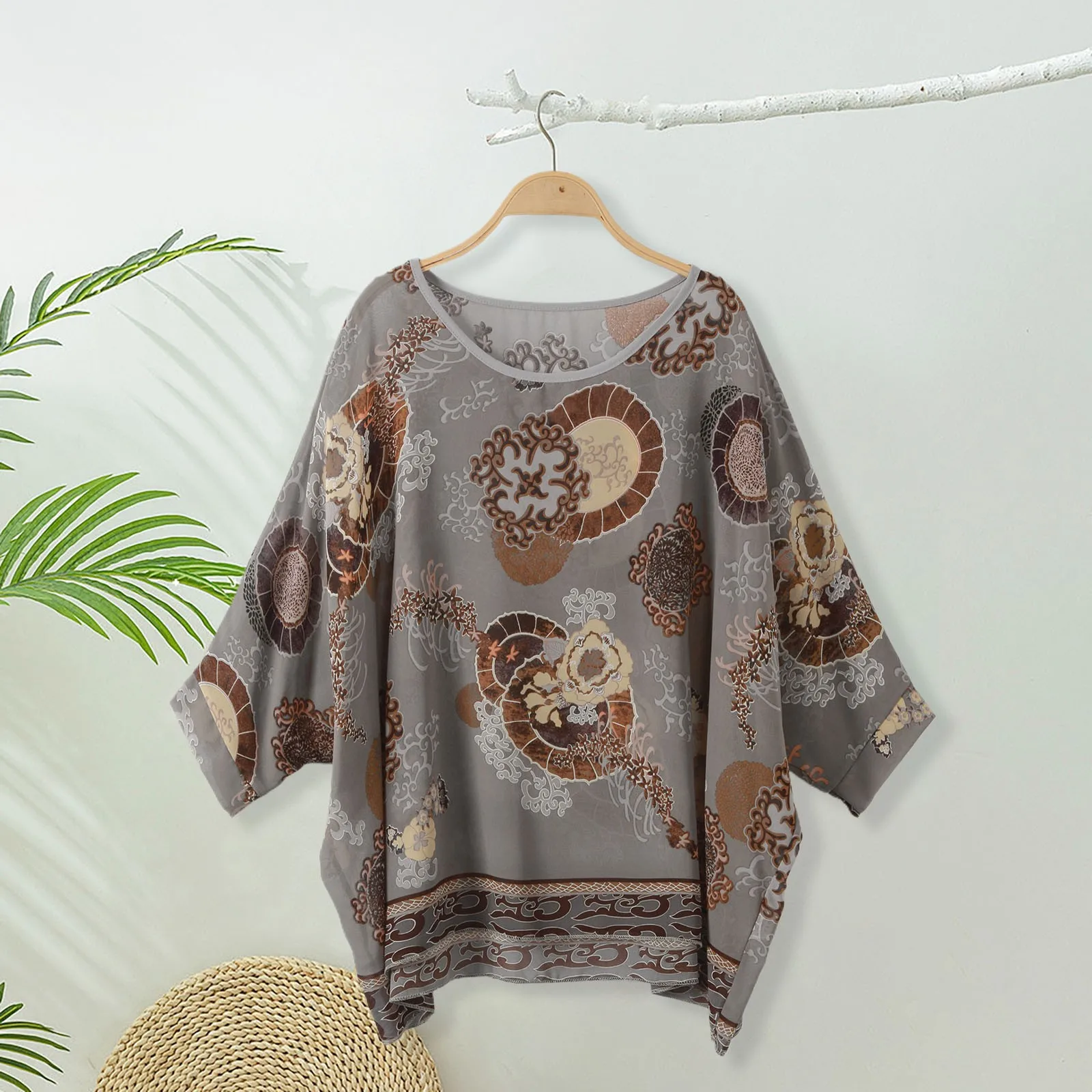 Mode Batwing Hülse O-ansatz Chiffon Bluse Frauen Hemd Leopard Print Casual Lose Herbst Böhmischen Strand Boho Urlaub Tops