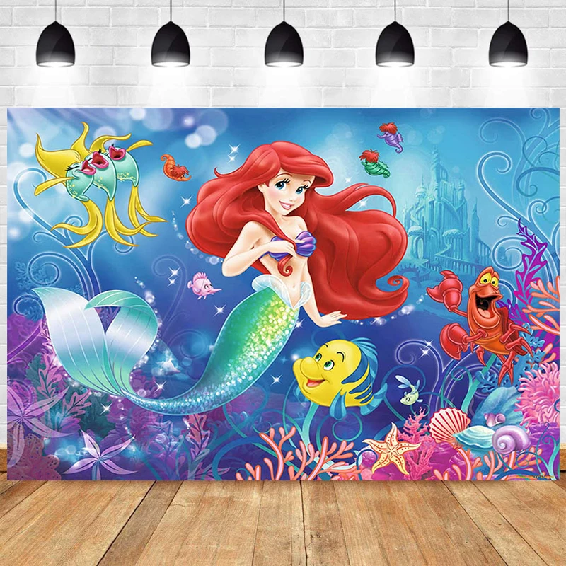 ฉากหลังแอเรียลนางเงือกน้อยสาวปาร์ตี้วันเกิดมีความสุขใต้ทะเลถ่ายภาพพื้นหลังแบนเนอร์ตกแต่งรูปภาพสตูดิโอ