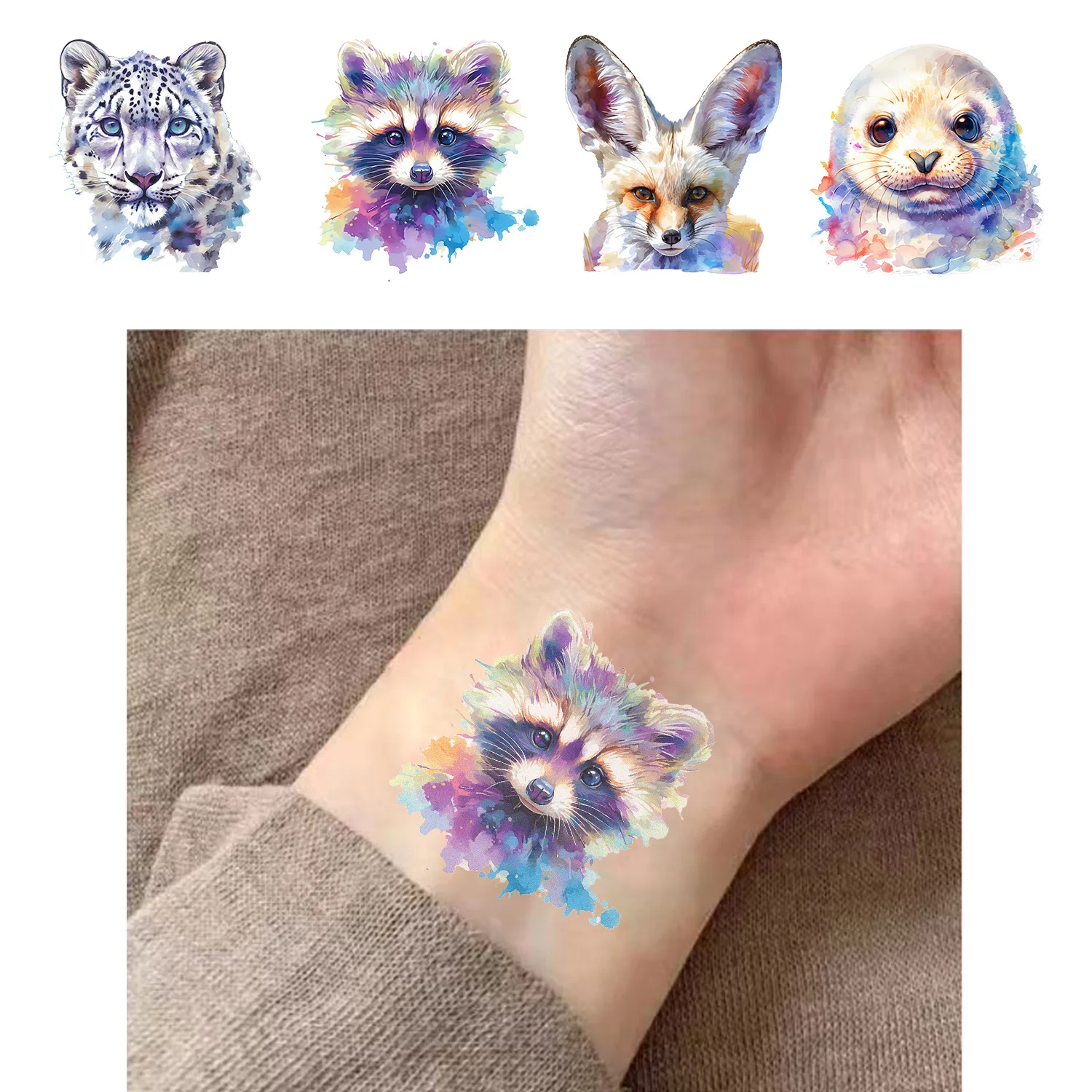 10Sheets Watercolor Animal Tattoo Stickers Wolf Tiger Shark Bird Pattern Cartoon Party Decoration Temporary Fun Tattoo Stickers