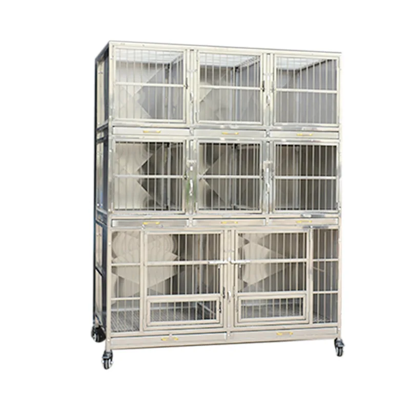 Stainless Steel 304 Dog Cage, 3 Tier 8 Compartment Pet Kennel, Large Dog House for Boarding, Medical Infusion Cage