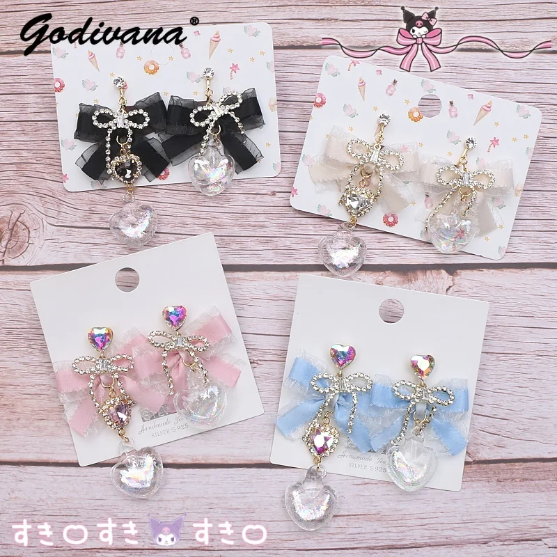 Handmade Sweet Rhinestone Bow Glass Love Balloon Pendant Eardrops Female Cute Girls Earrings 925 Silver Needle Ear Clip