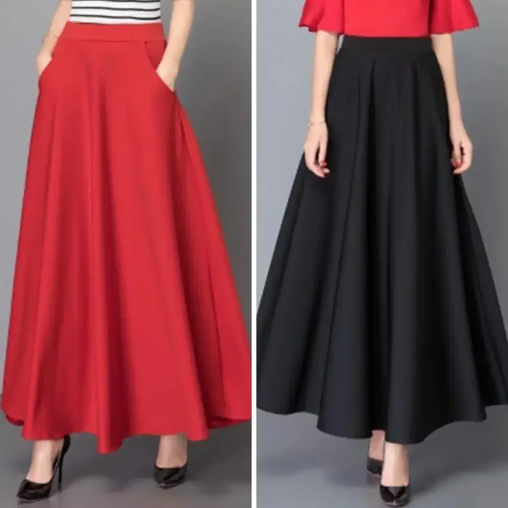 

DAILOU Elegant Women Maxi Skirt High Waist Tummy Control A-line Lady Skirt Loose Hem Pockets Lady Dating Party Banquet Skirt