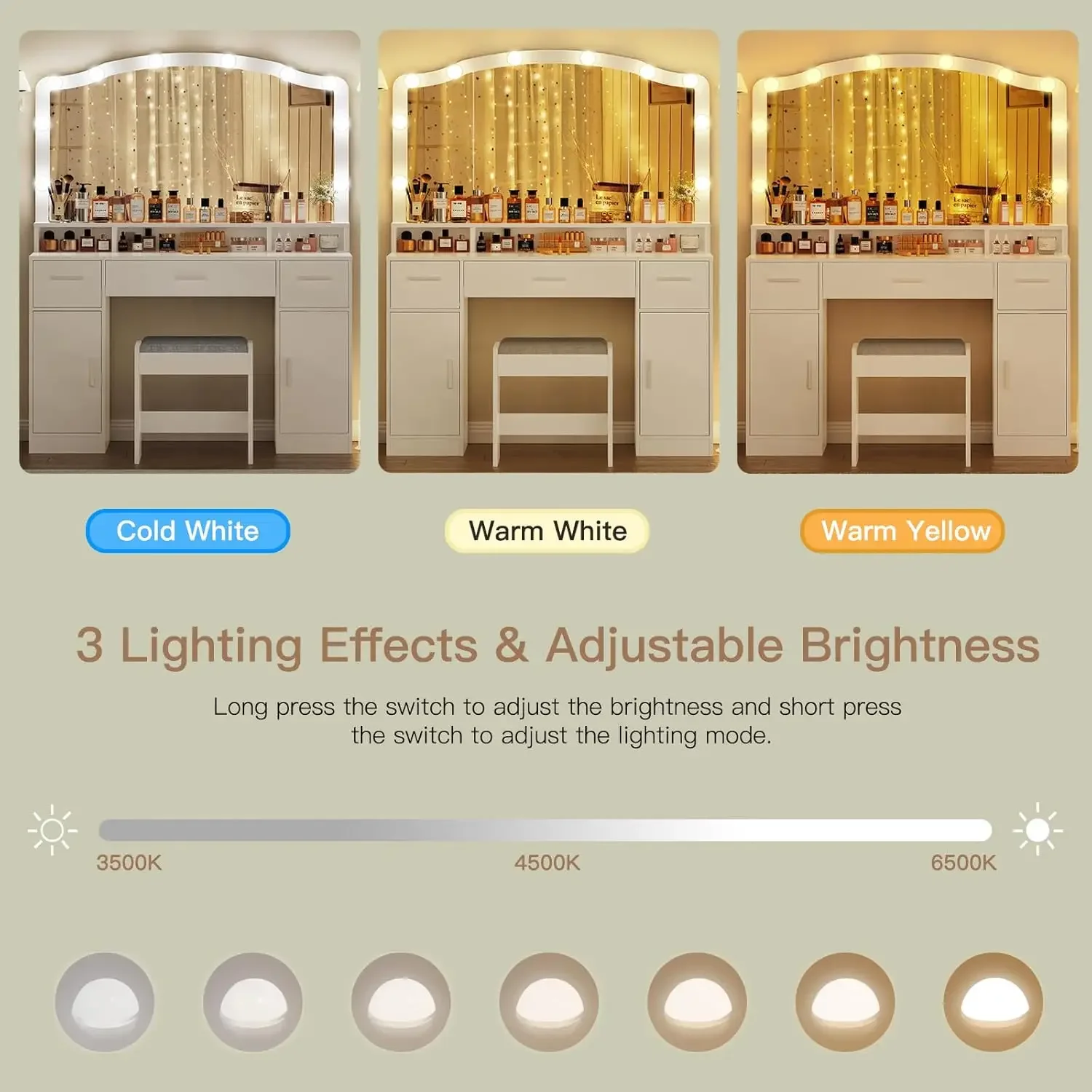 NEWMakeup Vanity with Lights, Vanity Desk, Makeup Vanity Table with 3 Drawers, 2 Cabinets &Long Storage Shelf, 10 Led Lights image 4