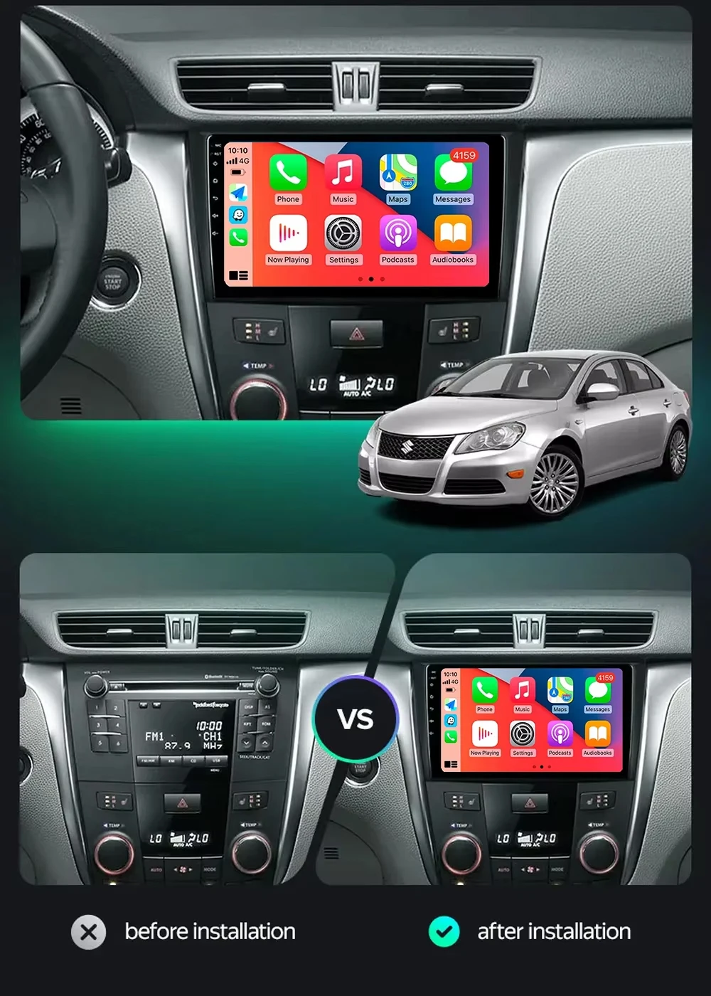 For Suzuki Kizashi 2009 2010 - 2015 Android 14 Carplay Car Radio Navigation GPS Multimedia Player stereo BT wifi+4G Auto 2 DIN