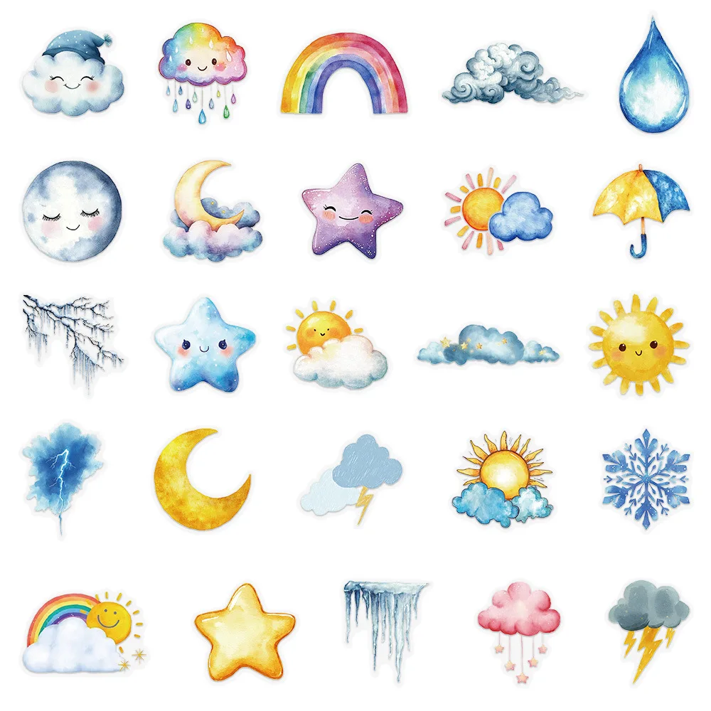 50 pezzi adesivi meteorologici sole luna nuvola colorato rosso PET decorativo custodia per telefono iPad tablet notebook adesivi impermeabili giocattolo per bambini