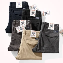 Pantalones elásticos de sarga de tejido grueso para hombre, pantalón informal de negocios, de algodón puro lavado, estilo Retro americano, novedad de primavera