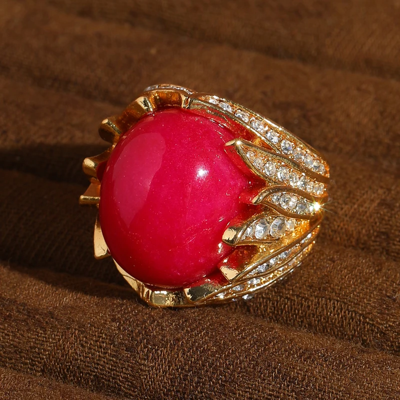 

Vintage Red Natural Stone Ring Rhinestone Angel Wings Gold Color Cubic Zircon Woman Accessories Luxury Quality Jewelry 2025 New