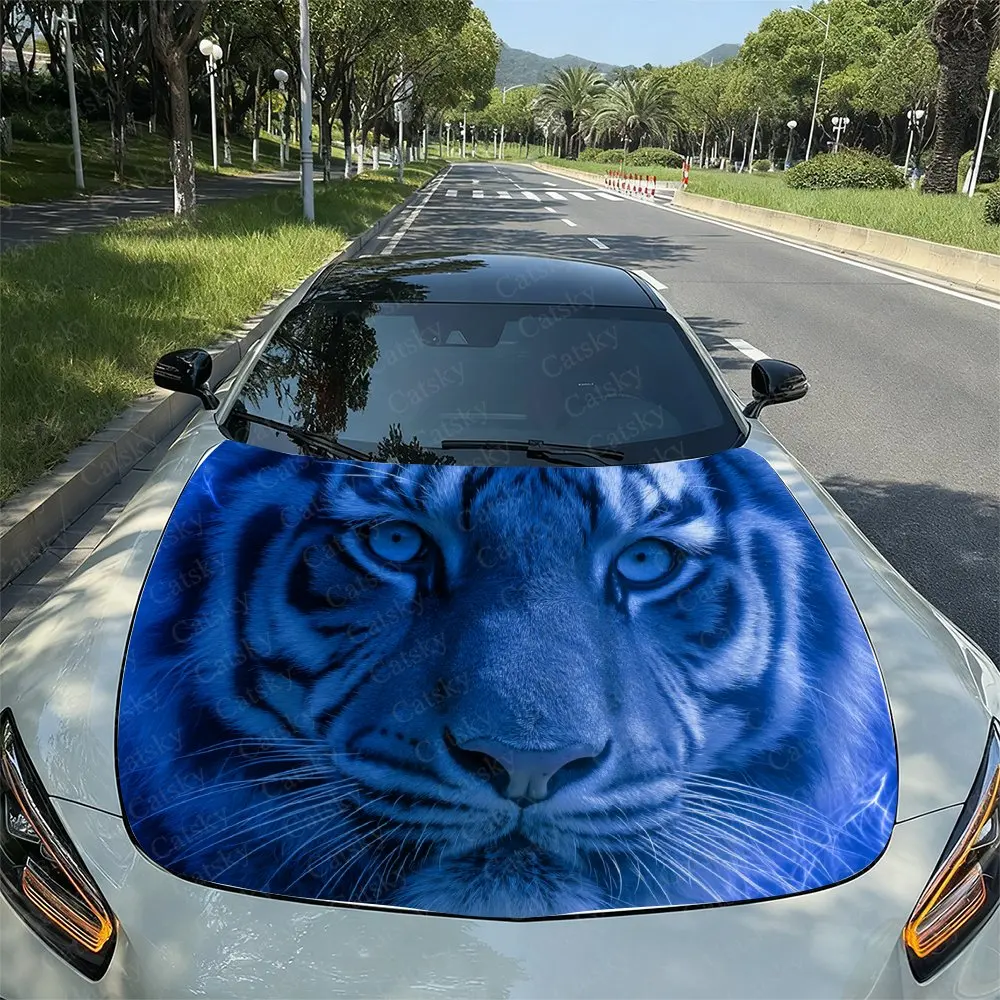 

Cold Blue Flame Tiger Car Hood Wrap - PVC Vinyl Sticker, Auto Graphic Bonnet Decal, Stylish Truck Accessory, Vehicle Decoration