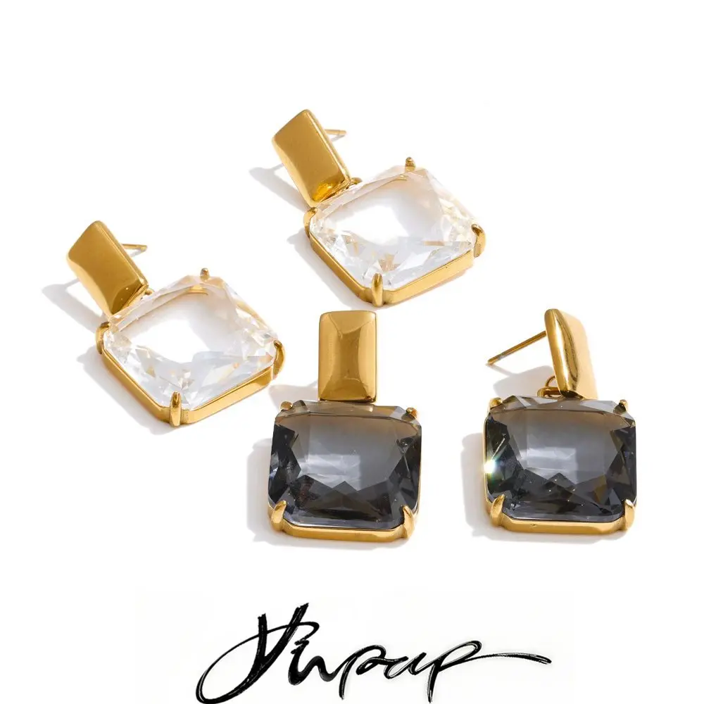 Yhpup AAA Transparent Cubic Zirconia Square Drop Earrings High Quality Stainless Steel Delicate Luxury Premium Jewelry Recommend