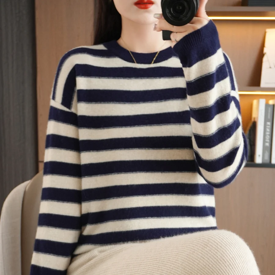 O-Neck Stripe Pullovers for Women Spring Summer Long Sleeve Casual Cotton Soft Thin Sweater T Shirt Girl Korea Fashion Tops