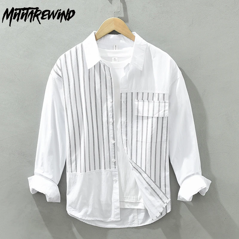 

Japanese Style White Shirt Men Spring Street Causal Loose Shirts Patchwork Striped Designer Shirt Youth Fashion Men's Clothing
