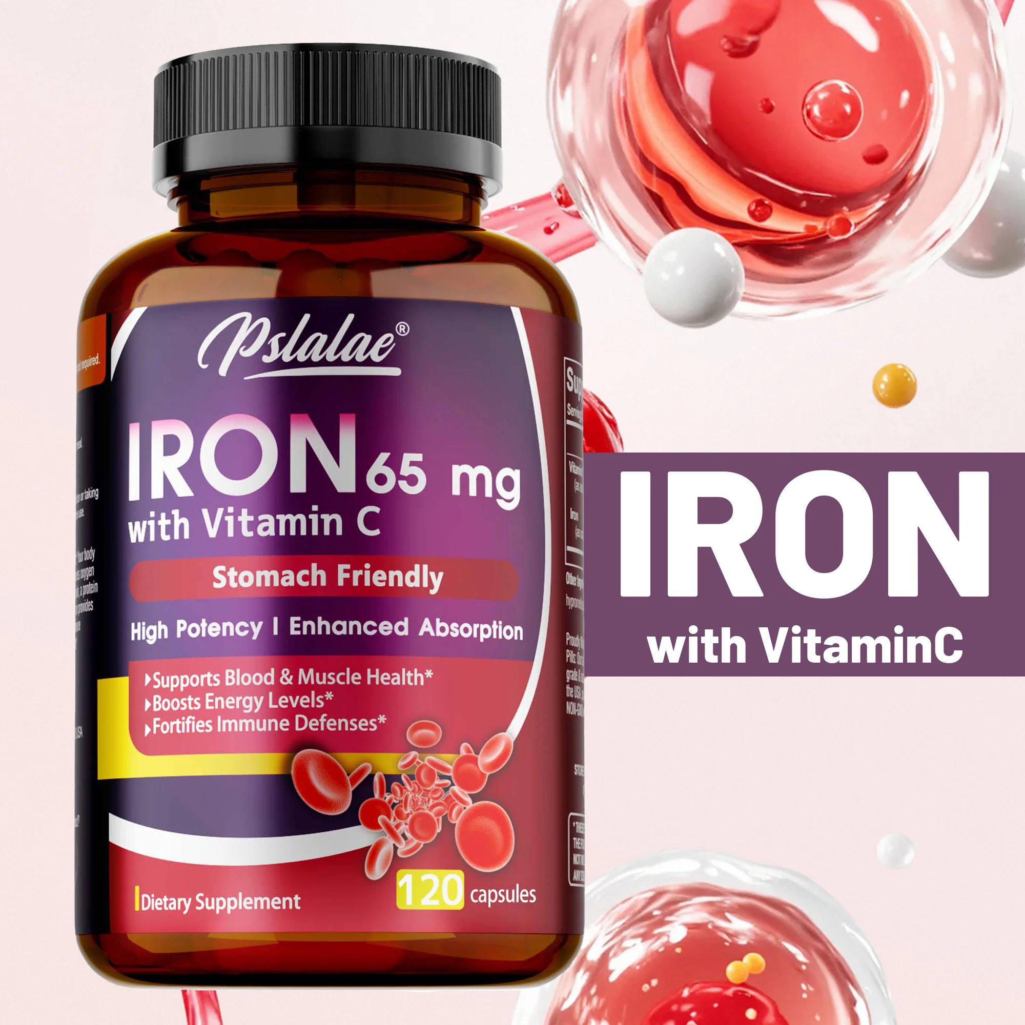 

Iron Supplement 65 mg with Vitamin C - Promote Absorption, Increase Energy, Improve Immune Function, Brain Health