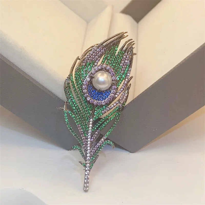 الملونة الطاووس ريشة خمر بروش حجر الراين مطعمة الرجال النساء دبابيس المجوهرات #5