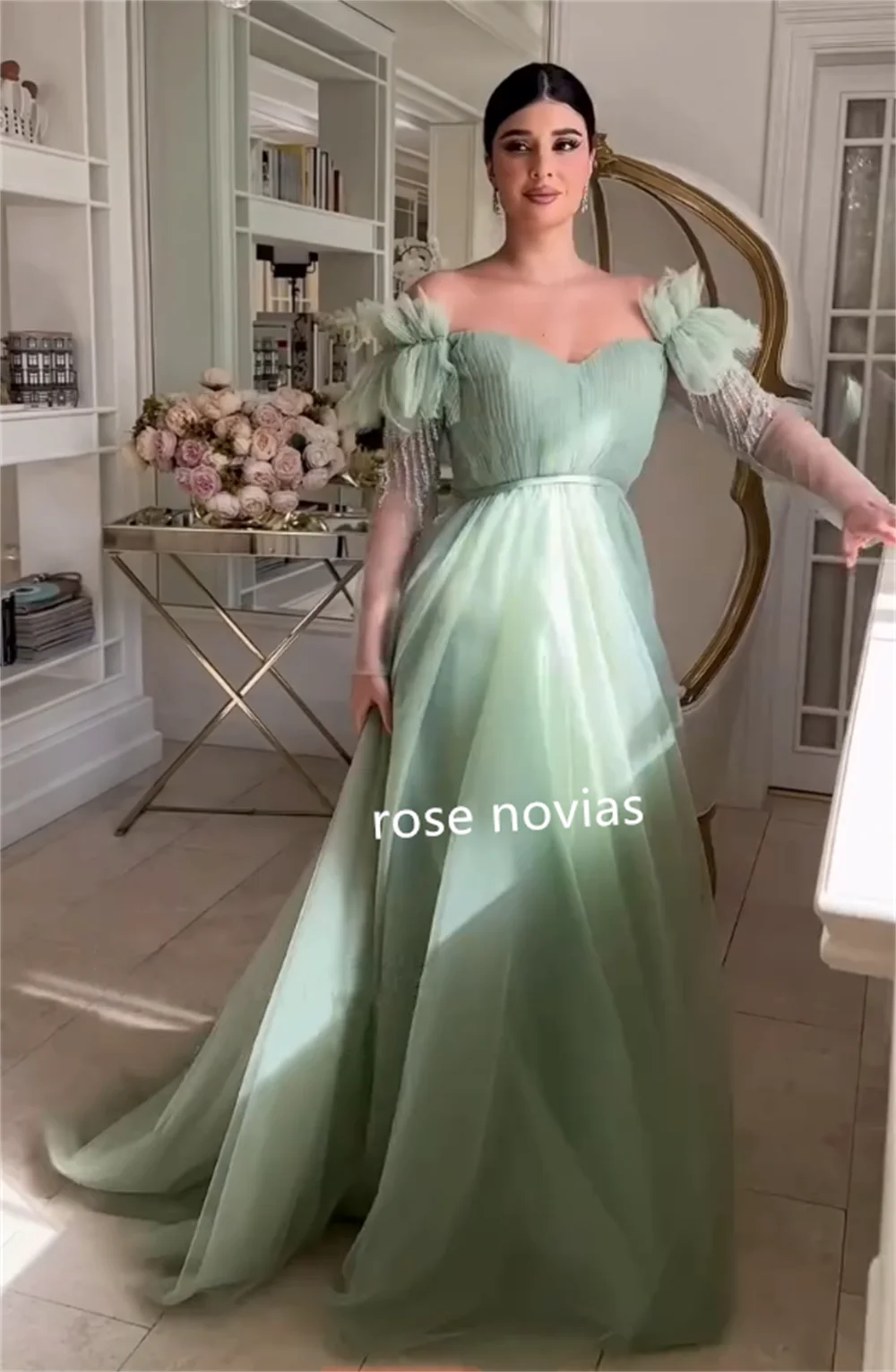 Personalizzato netto con paillettes piega spalle scoperte A-line occasione su misura abito da ballo di fine anno elegante sera formale scintilla