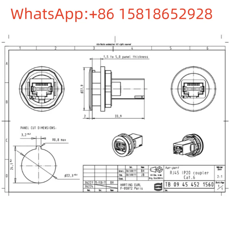 1pcs 09454521560 Harting 1 port Cat6 RJ45 socket interface