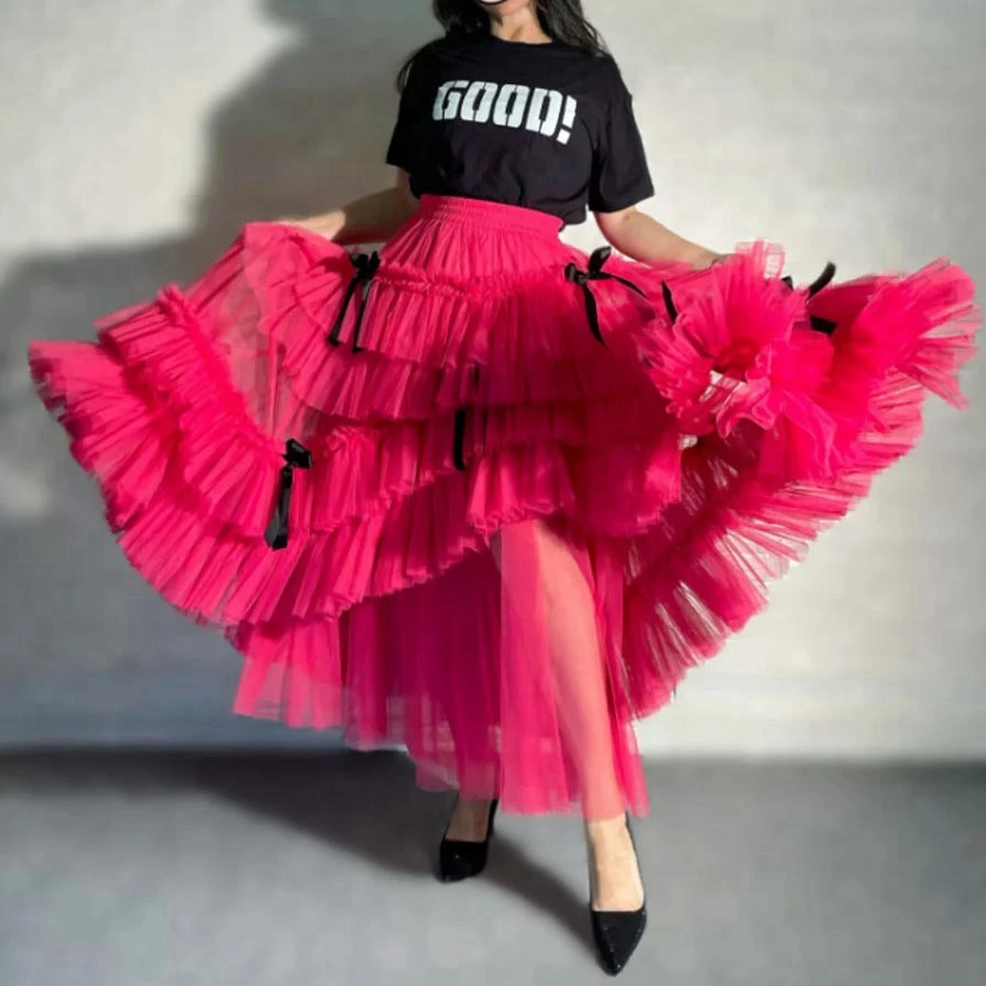 Fashion Rose Red Women Pleated Tutu Tulle Skirt Elastic Waist Women's A-line Skirt High Waist Ruffled Tiered Tulle Party Skirts