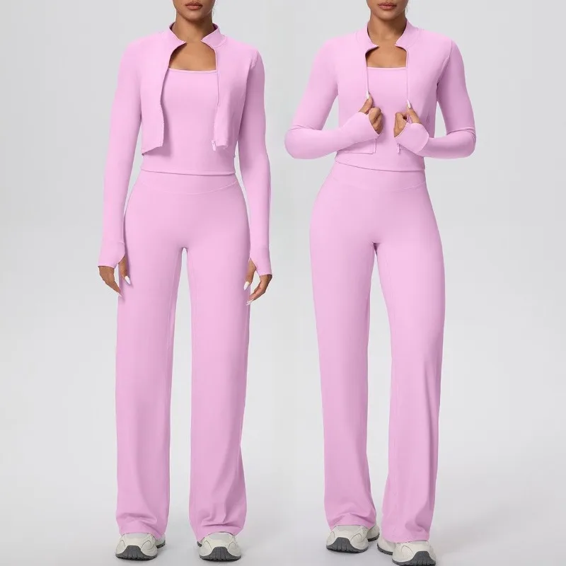 طقم يوجا للسفع الرملي بلون سادة للنساء، سترة ضيقة على شكل حرف I، ساق واسعة، طقم مكون من ثلاث قطع، طقم رياضي للجري واللياقة البدنية #1