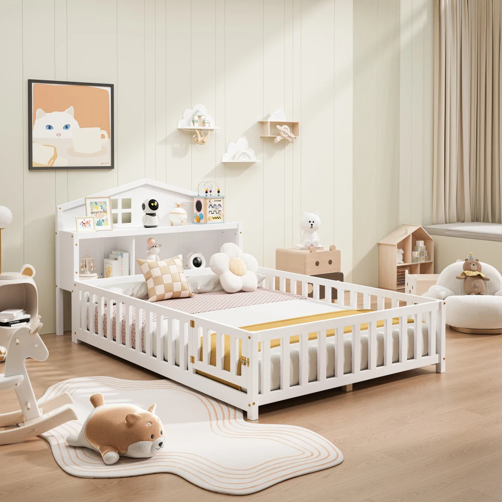 

Full-size Montessori Floor Bed with Bookcases and Blackboards, Versatile Platform Beds with Guard rails, Solid Wood Floor Beds
