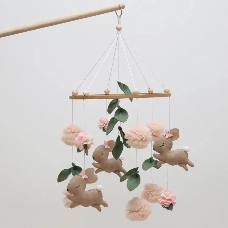Crib pendant, handmade rabbit crib pendant, pink flower crib pendant