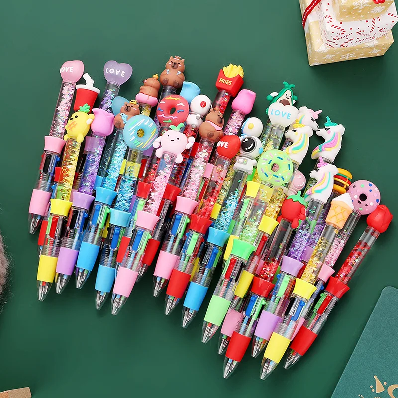 20Pcs/Lot Kawaii Liquid Sand Mini 4Color Ballpoint Pens Multi-Color Pen Cute Cartoon Unicorn Astronaut Rose Oil Writing Supplies