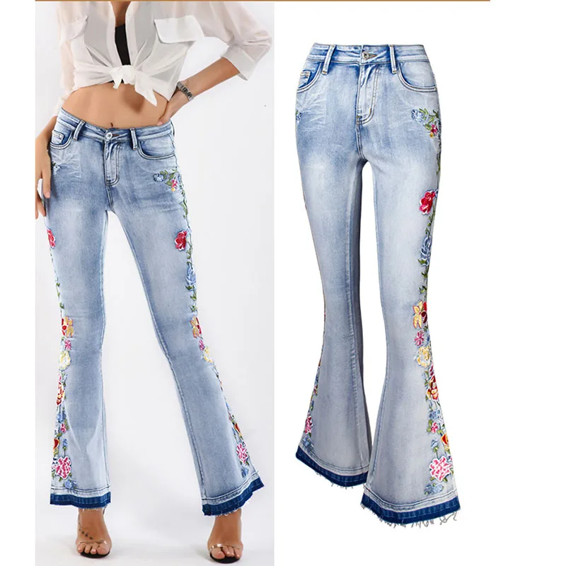 

Women's Flared Jeans European American Style 3D Stereo Floral Embroidery Denim Pants Plus Size Long Trousers Streetwear