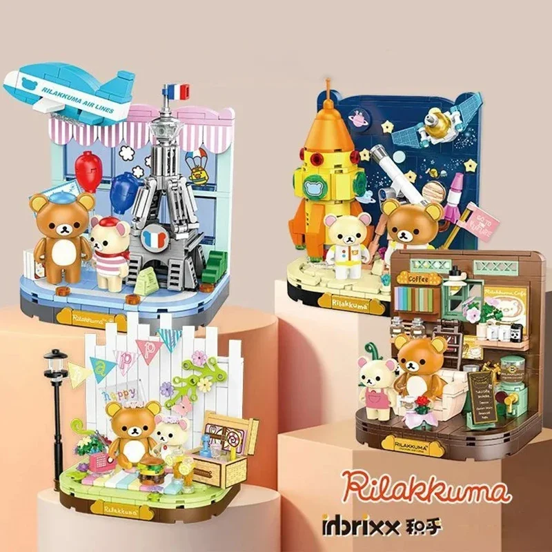 Inbrixx Cute Space Rocket Bricks Kumamoto Bear Coffee Shop City Building Block Creative French Tower Model Toy for Kids Girls