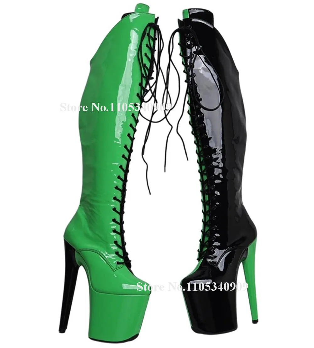 

Bondarenko Green-black Mixed-colors Patchwork Stiletto Heel Knee High Boots Round Toe Lace-up High Platform Thin Heel Dance Shoe