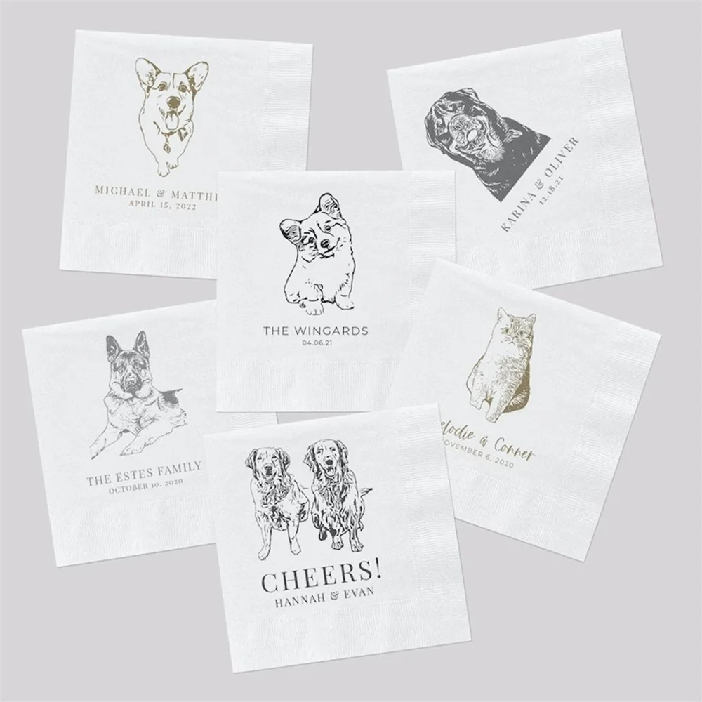 

50PCS Custom Pet Cocktail Napkins for Weddings and Special Events - Personalized Wedding Napkins with Dog or Cat Illustrations