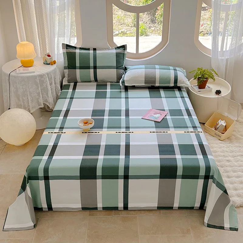 Green Plaid Cotton Thickened Bed Sheet Set Simple Stripe Design Bedding with Pillowcase Boys Girls Bedroom Decoration Bed Covers