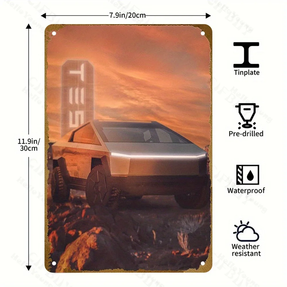 1pc Tesla Cybertruck Metal Aluminum Sign 12x8 Inches Iron Weather-Resistant Wall Art Vintage Style Carved Poster for Wall Decor