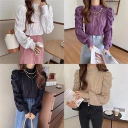 Half High Collar Pleated Vintage Blouses Tops Autumn Winter Long Sleeve Korean Fashion Loose Bottoming Pullovers Women Clothing