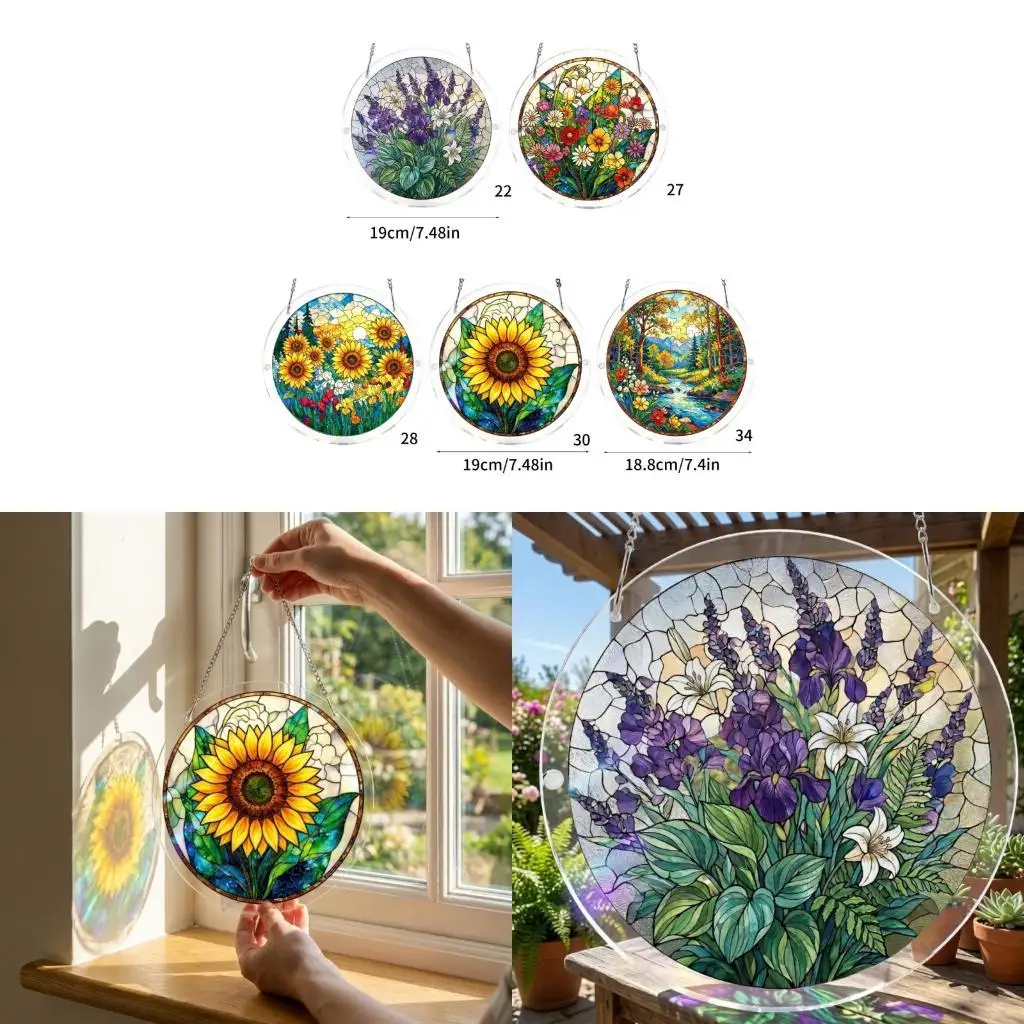L43A Handmade Flower Patterned Stained Glass Sunlight Catcher Wall Hanging Decoration