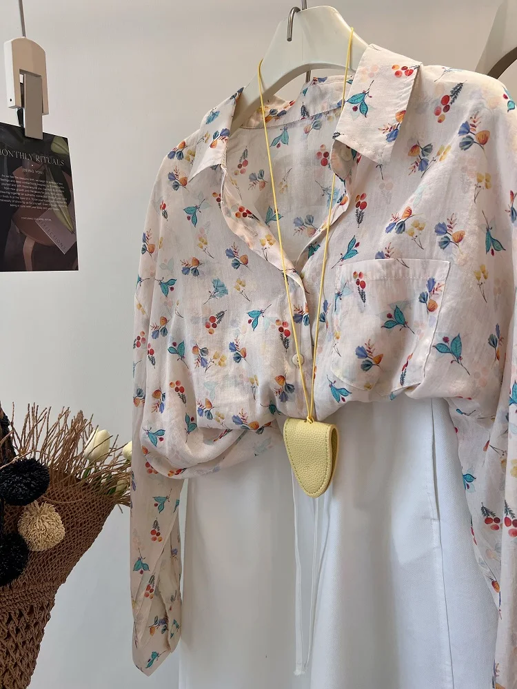 

Loose Fit Floral Print Cotton Linen irt Women's plus Size Autumn Casual Sle Hong Kong Sle Open Cardigan Top