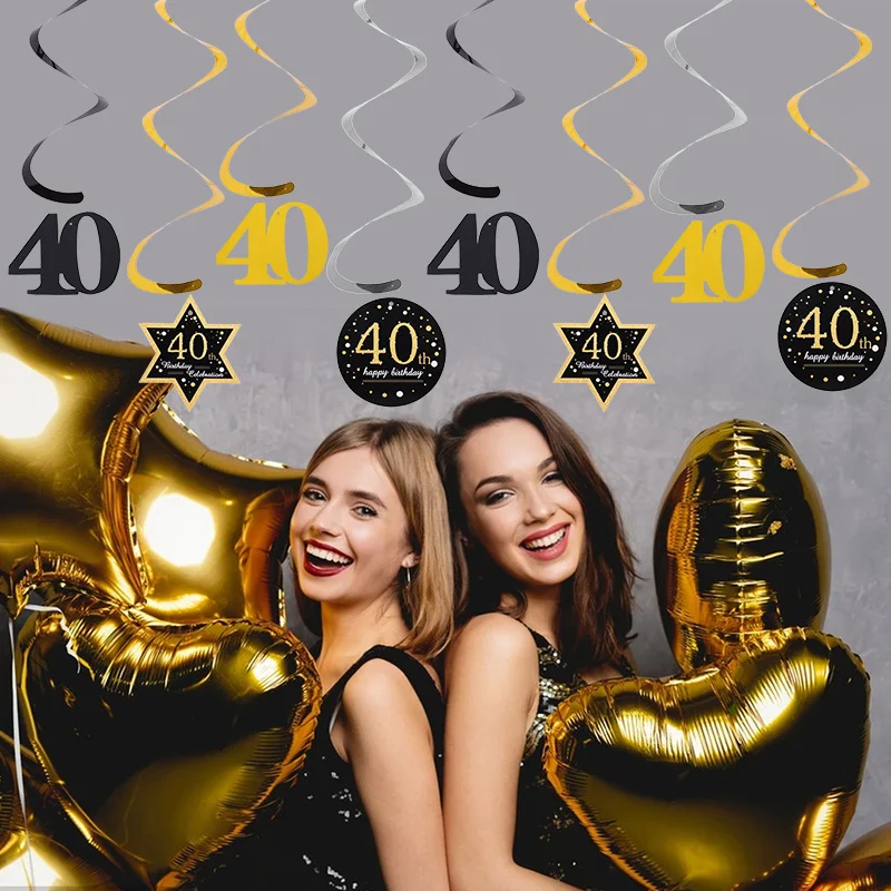 

1set Plastic Paper Black Gold Digital Happy Birthday Spiral Pendant Hanging Banner 18 21 30 40 50 60 Age Birthday Party Decor