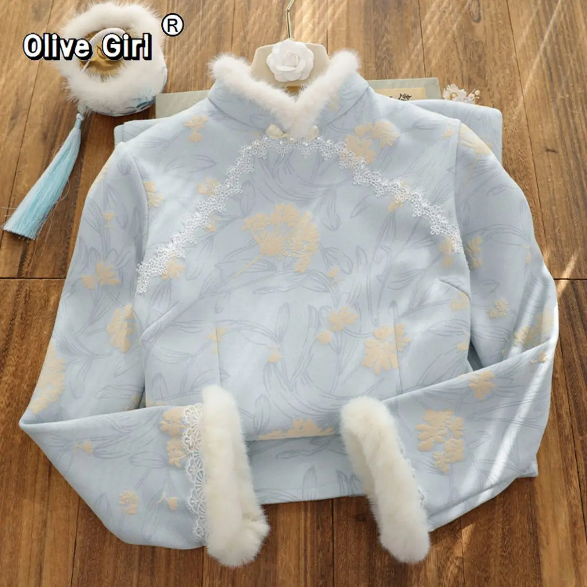 

Women's Dress Qipao Cheongsam Improved for Autumn Winter Daily Elegant Dress Blue Added Velvet for Young Girls