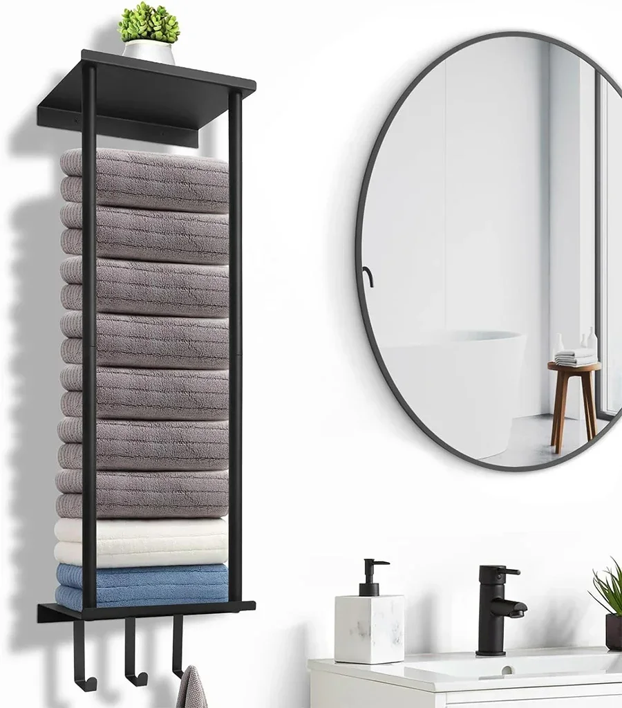 

Towel Racks for Bathroom Tall Metal Towel Holder Wall Towel Rack Wall Mounted Black for Bathroom with Hooks