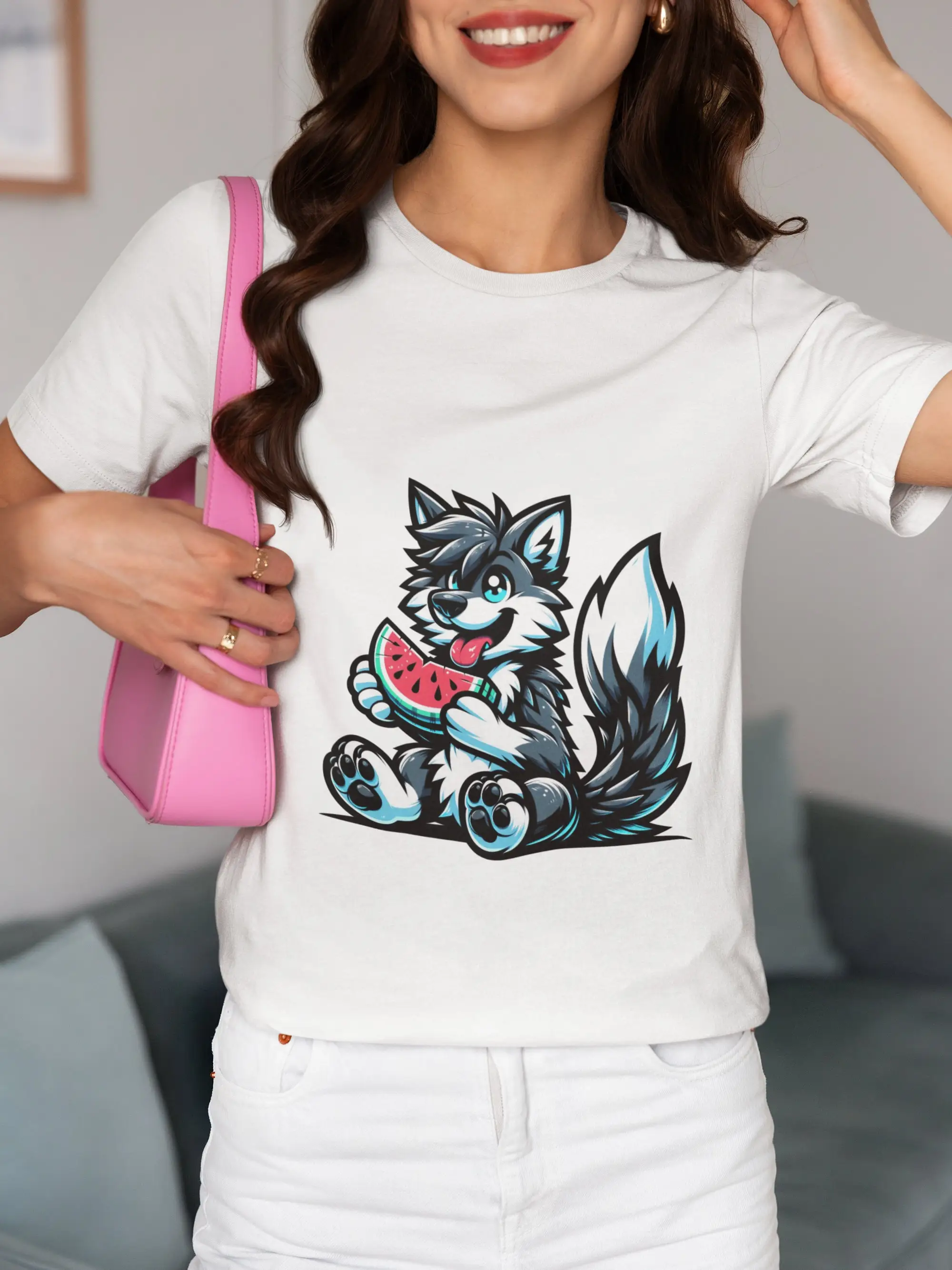 Cute Husky Puppy T Shirt Watermelon Summer Top Cartoon Dog Lover Idea Casual Animal Soft Cotton