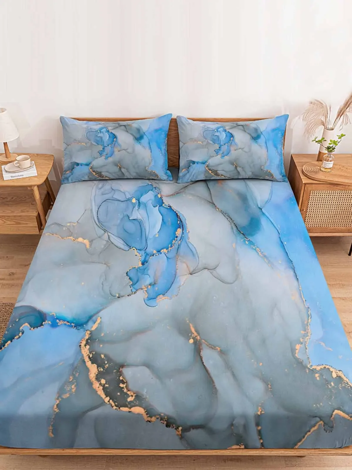 Marble Texture Watercolor Blue Gray Polyester Fitted Sheet Mattress Cover Four Corners Elastic Band Bed Sheet With Pilllowcase