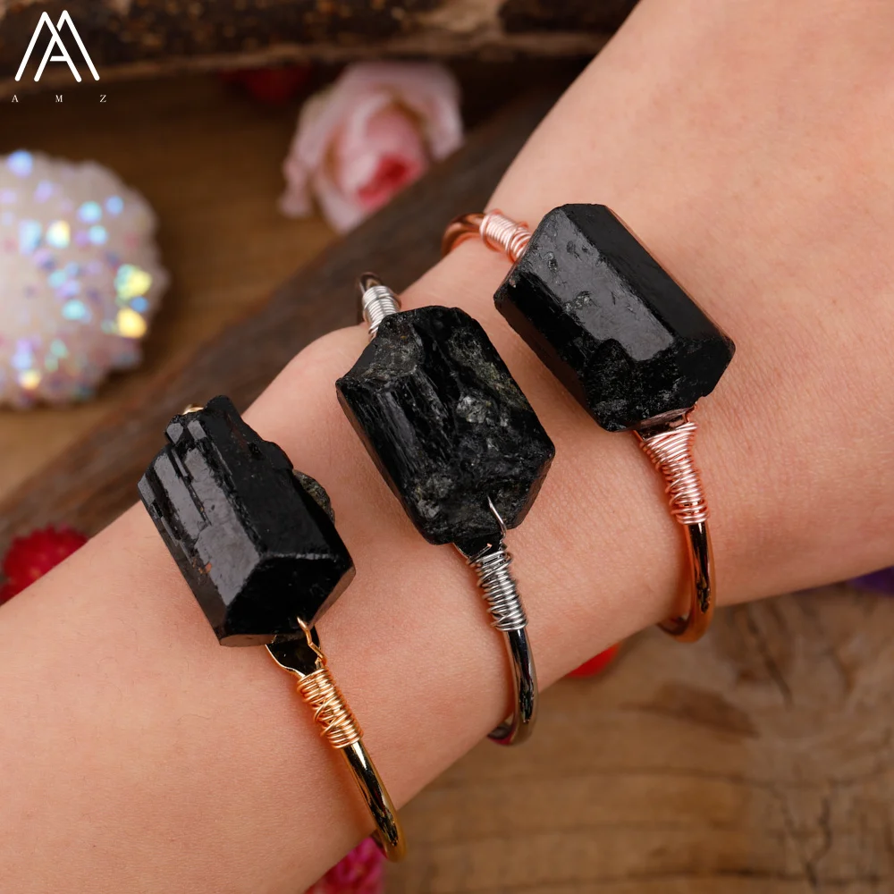 Raw Black Tourmaline Bracelet Natural Stone Open-Closure Bracelet Women's Chunky Gemstone Gold Bracelets Jewelry Friendship Gift