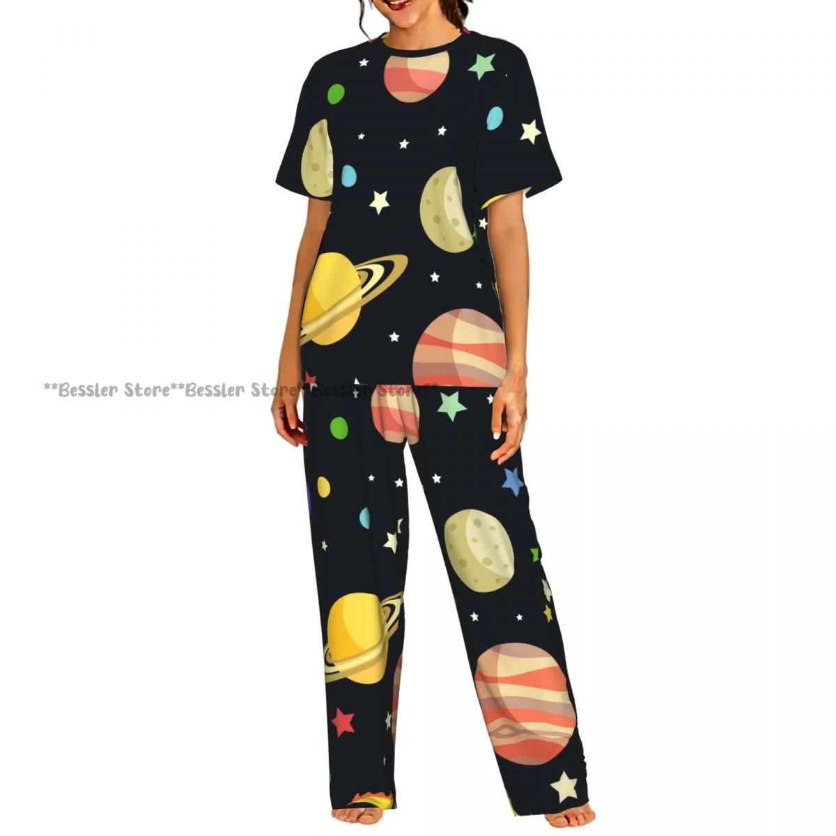 

Women's Pajamas Set Space Planets Stars Comets Constellations Short Sleeve Sleepwear 2 Piece Homewear Loungewear