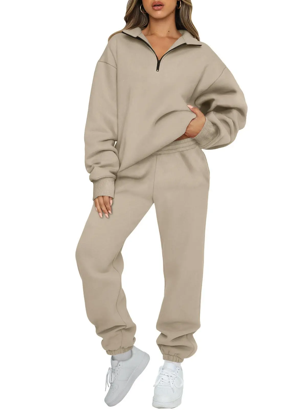 

Autumn/Winter Women's Two-Piece Sportswear Half-Zip Pullover Long-Sleeved Sweatshirt Jogging Pants Casual Suit with Pockets