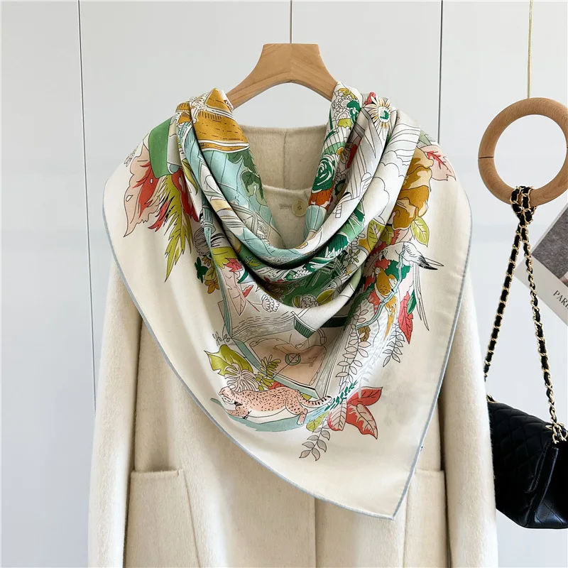 Pañuelo cuadrado de lana de seda versátil de lujo ligero para techo y jardín, chal de moda de Color de doble cara, bufanda de seda para el cabello