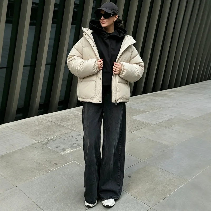 2026 New Women Puffer Jacket Hooded Zip Up Quilted Layered Loose Solid Long Sleeve Pocket Warm Coat Autumn Winter