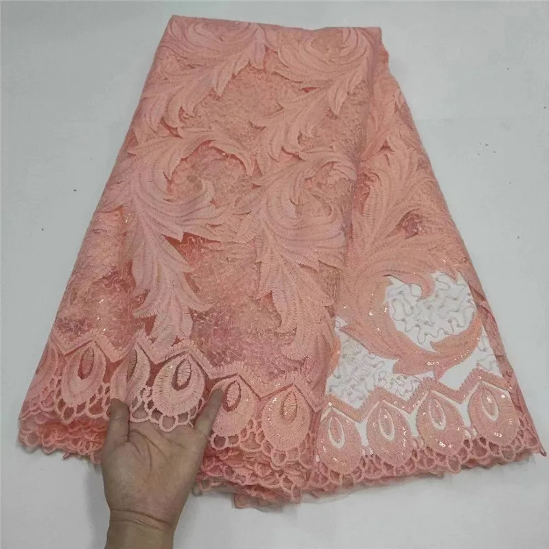 

African French Sequins Lace Fabric 2024 High Quality Lace Peach Lace Fabric Nigerian Tulle Mesh Lace Fabrics for Wedding