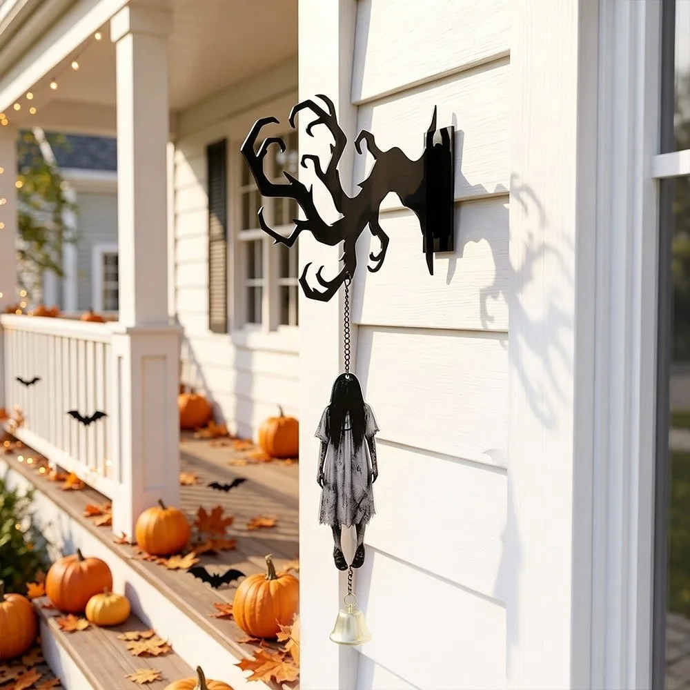 Acrylic Silhouette Black Cat Hanging Bell Wall-mounted Hanging Ghost Wind Chime Halloween Door Bell Spooky Black Cat Wall Decor