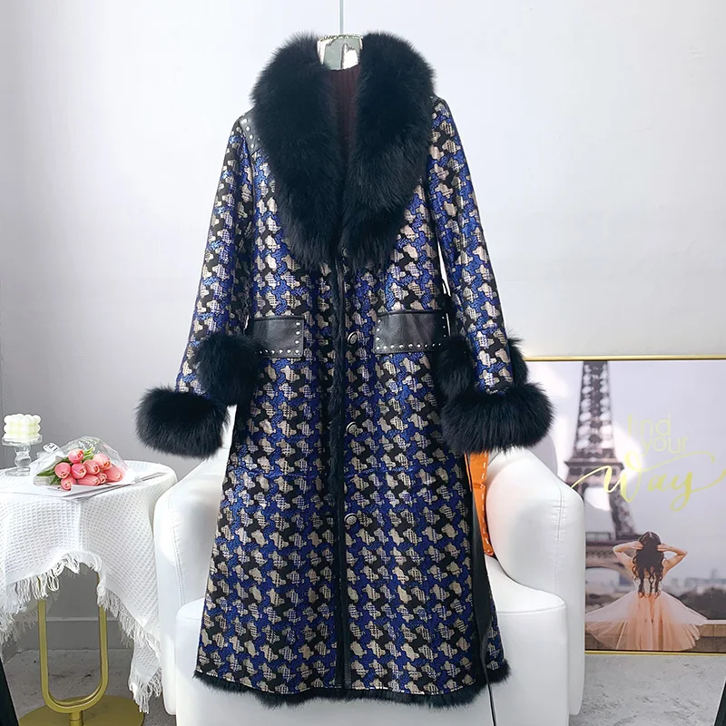 

JT3162 Hot Pattern Design Genuine Rabbit Leather Fur Jacket Fox Fur Collar Winter Coat