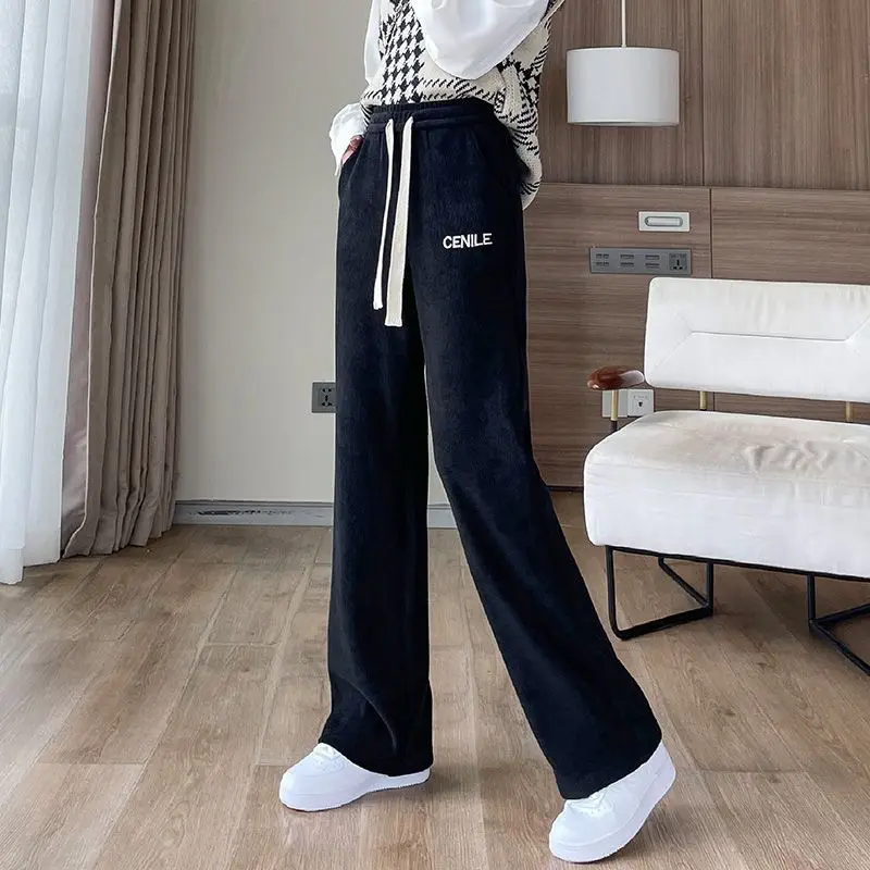 High Quality Corduroy Loose Drawstring Letter Embroidery Wide Leg Pants Solid Colour High Waist Droop Women Casual Long Pants